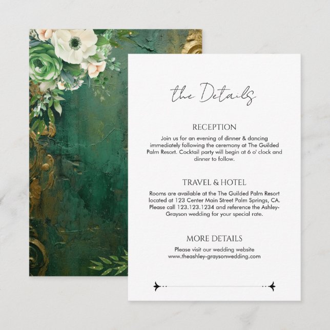 Emerald Green Romantic Floral  Wedding Details Enclosure Card (Front/Back)