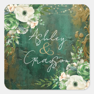 Emerald Green Romantic Floral Wedding Sticker