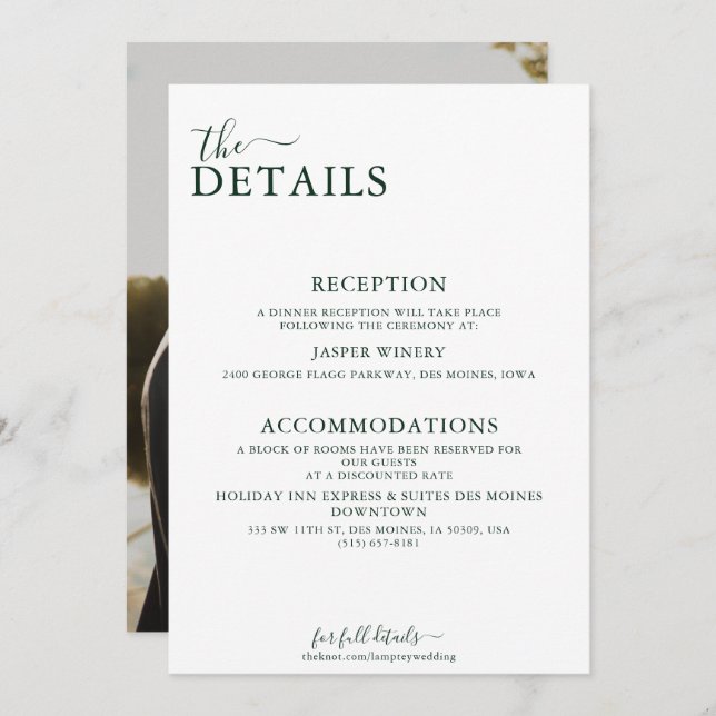 Emerald Green Romantic Photo Back Wedding Details Invitation (Front/Back)