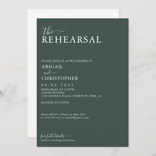 Emerald Green Romantic Wedding Rehearsal Dinner Invitation (Front/Back)