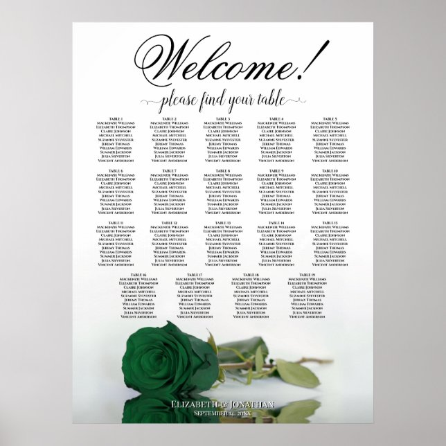Emerald Green Rose 19 Table Wedding Seating Chart (Front)