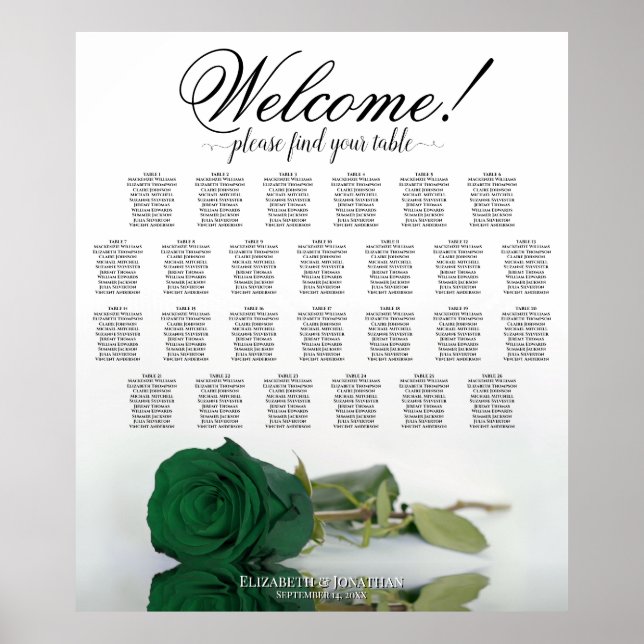 Emerald Green Rose 26 Table Wedding Seating Chart (Front)