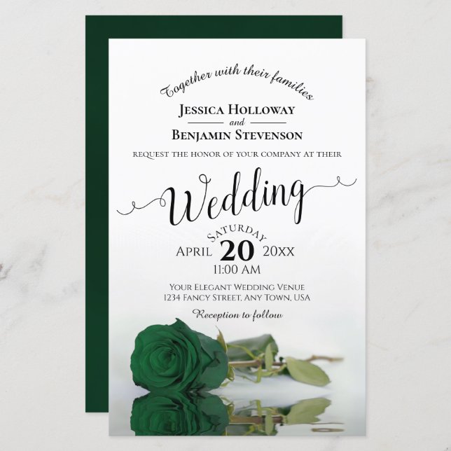 Emerald Green Rose BUDGET Wedding Invitation (Front/Back)