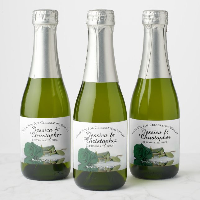 Emerald green Rose Elegant Wedding Thank You Mini Sparkling Wine Label (Bottles)