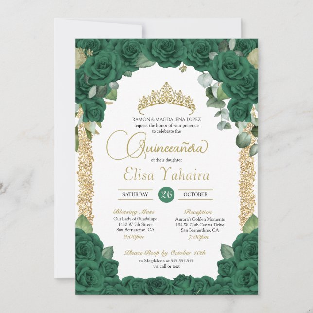 Emerald Green Rose Floral and Gold Quinceanera Invitation (Front)