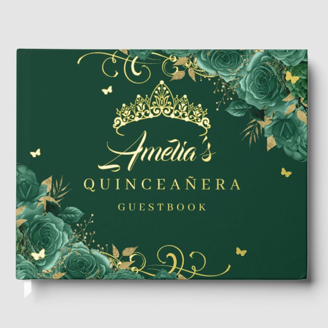 Emerald Green Rose Floral Swirl Quinceanera Gold   Guest Book (Front)