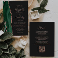 Emerald Green Rose Gold Agate Dark QR Code Wedding
