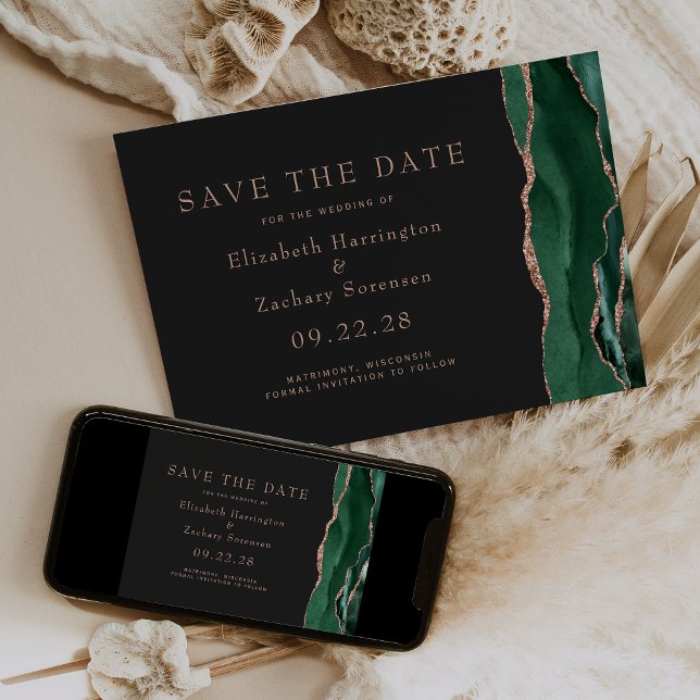 Emerald Green Rose Gold Agate Dark Save the Date Invitation (Creator Uploaded)