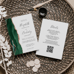 Emerald Green Rose Gold Agate White QR Wedding Invitation