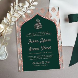 Emerald Green Rose Gold Damask Arch Muslim Wedding Acrylic Invitations