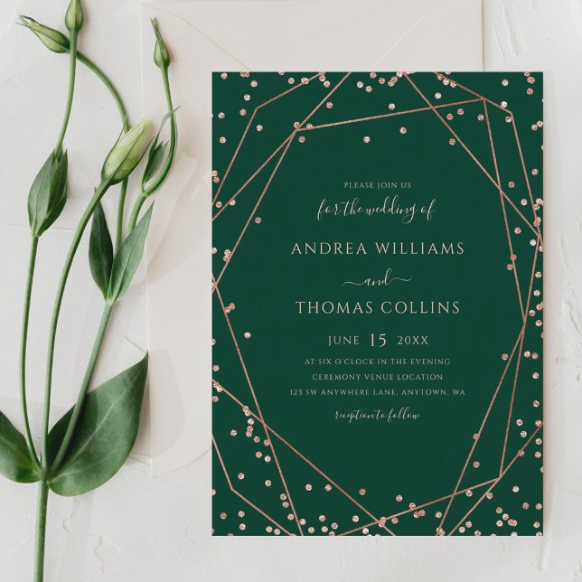 Emerald Green Rose Gold Glitter Geometric Wedding Invitation (Creator Uploaded)