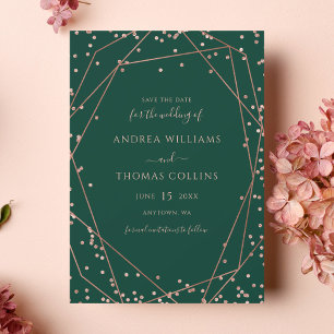 Emerald Green Rose Gold Glitter Geometric Wedding Save The Date