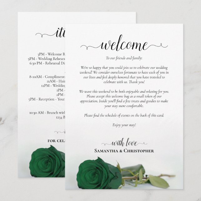 Emerald Green Rose Wedding Welcome & Itinerary Programme (Front/Back)