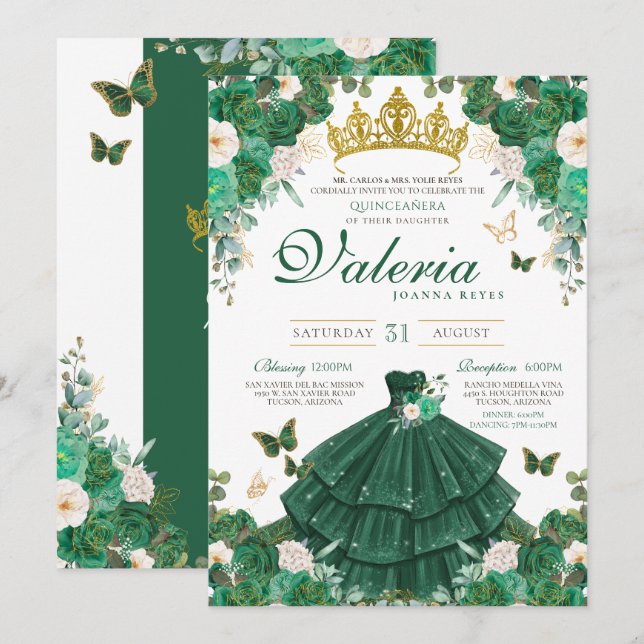 Emerald Green Roses Buttefly Princess Quinceanera Invitation (Front/Back)
