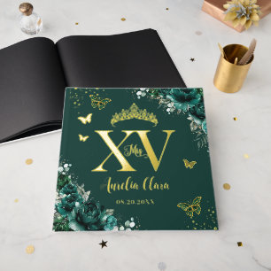 Emerald Green Roses Butterflies Gold Quinceañera  Guest Book