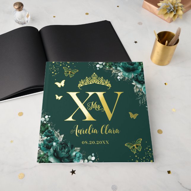 Emerald Green Roses Butterflies Gold Quinceañera  Guest Book (Front Open)