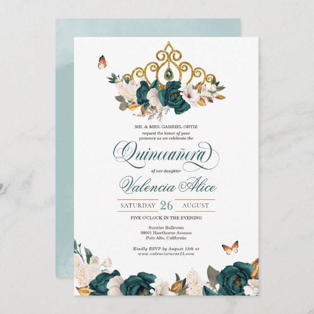 Emerald Green Roses Butterfly Tiara Quinceanera Invitation (Front/Back)