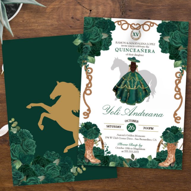 Emerald Green Roses Charro Vestidos Quinceañera Invitation (Creator Uploaded)