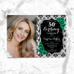 Emerald Green Roses Damask Photo 50th Birthday Invitation<br><div class="desc">Elegant floral feminine 50th birthday invitation with your photo. Glam black white design with faux glitter silver. Features black and white damask pattern, emerald green roses, script font and confetti. Perfect for a stylish adult bday celebration party. Personalise with your own details. Can be customised for any age! Printed Zazzle...</div>