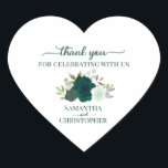 Emerald Green Roses Elegant Wedding Thank You Heart Sticker<br><div class="desc">These beautiful heart shaped thank you stickers are perfect as wedding favour tags or envelope seals. They feature a beautiful rustic boho chic design with your names and the wedding date with a lovely cluster of hand painted watercolor roses and foliage in shades of emerald,  forest,  and mint green.</div>
