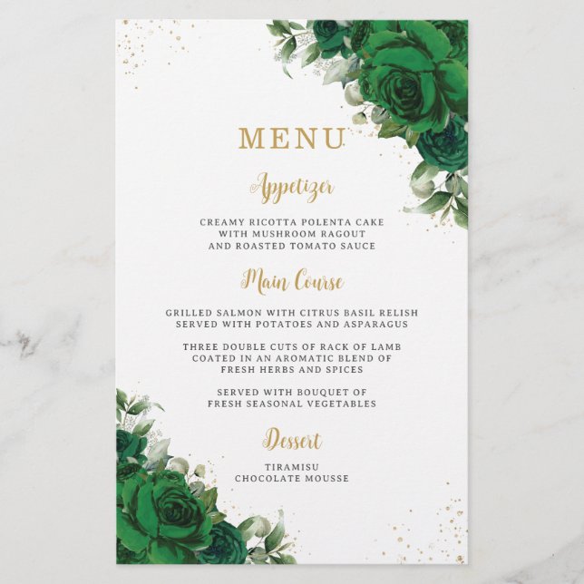 Emerald Green Roses Floral Flowers Menu Sheet  (Front)