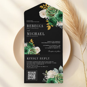 Emerald Green Roses Floral QR Code Black Wedding All In One Invitation
