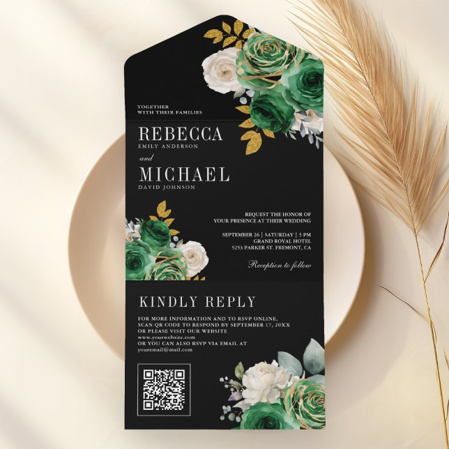 Emerald Green Roses Floral QR Code Black Wedding All In One Invitation (Creator Uploaded)