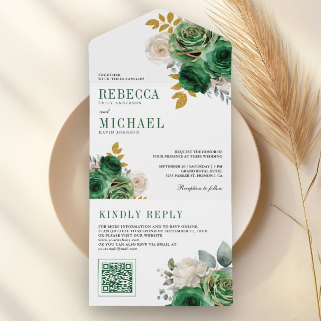 Emerald Green Roses Floral QR Code Wedding All In One Invitation (Creator Uploaded)