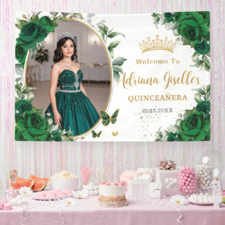 Emerald Green Roses Floral Quinceañera Photo Banner