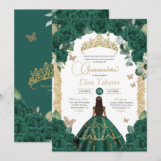 Emerald Green Roses & Gold Butterfly Quinceanera Invitation (Front/Back)
