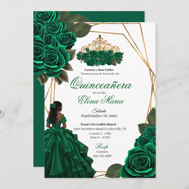 Emerald Green Roses Gold Quinceañera  Invitation (Front/Back)