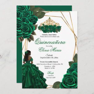 Emerald Green Roses Gold Quinceañera  Invitation