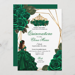 Emerald Green Roses Gold Quinceañera Invitation