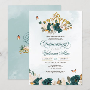 Emerald Green Roses Gold Tiara Butterfly Quince Invitation