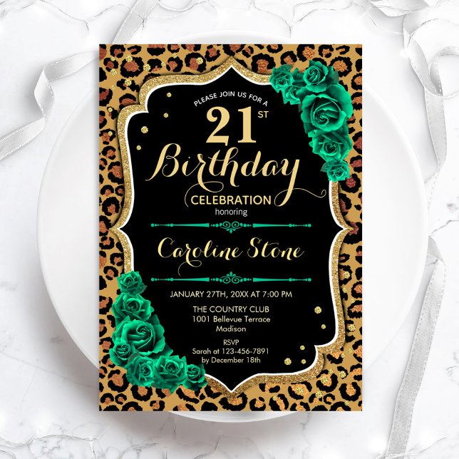 Emerald Green Roses Leopard Print 21st Birthday Invitation (Creator Uploaded)