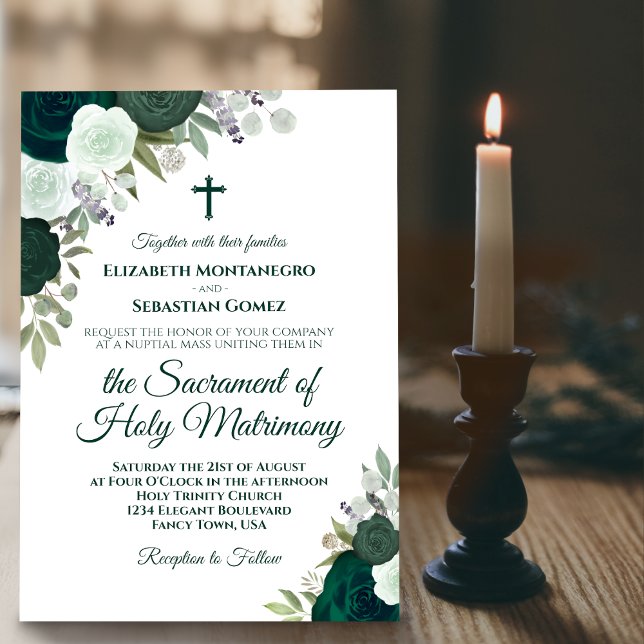 Emerald Green Roses Modern Catholic Wedding Invitation (In Situ with Candle)