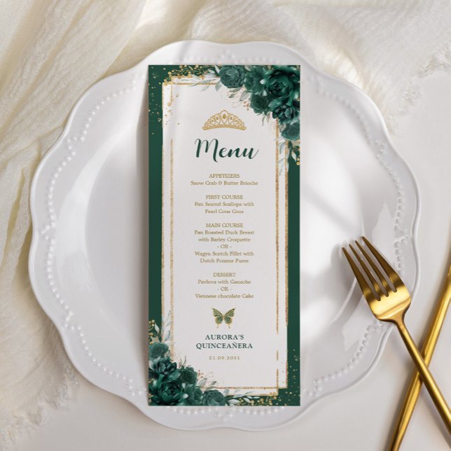 Emerald Green Roses Quinceanera Birthday Menu Card (Creator Uploaded)
