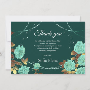 Emerald Green Roses Quinceanera Flat Thank You Card