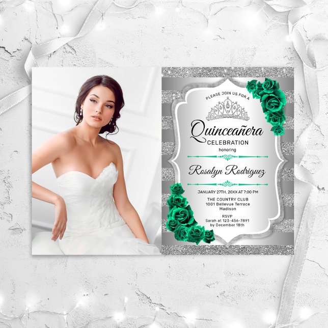 Emerald Green Roses Silver Photo Quinceanera Invitation (Creator Uploaded)