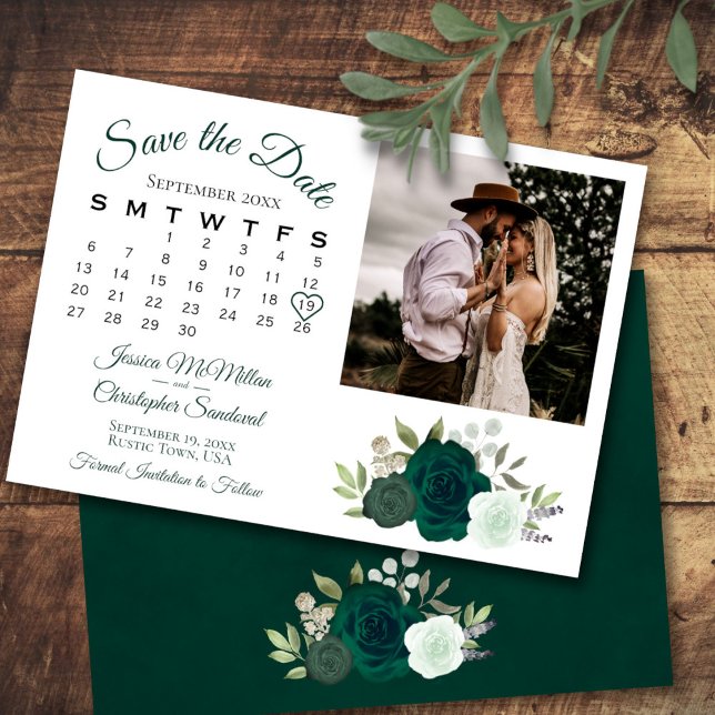 Emerald Green Roses Wedding Calendar & Photo Save The Date (Front/Back)