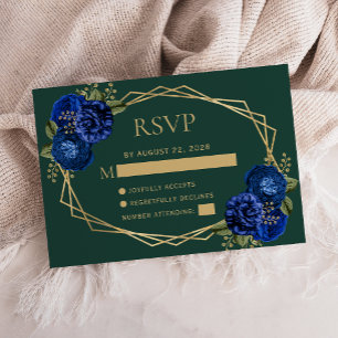 Emerald Green Royal Blue Floral Gold Wedding RSVP Card