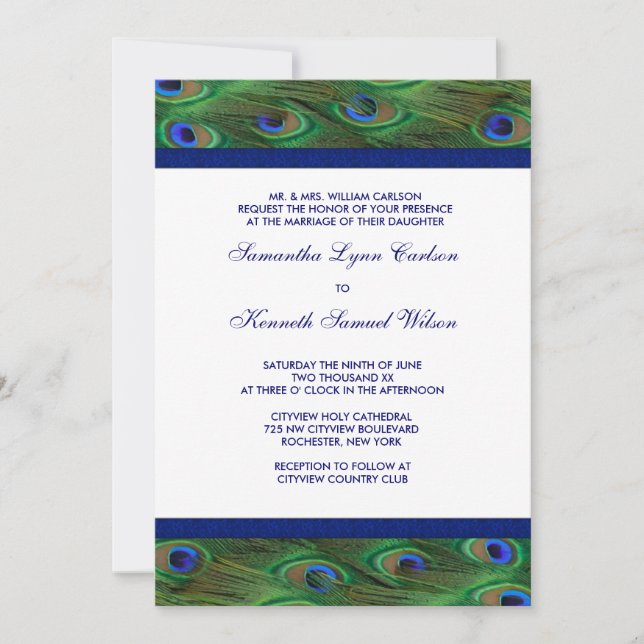 Emerald Green Royal Blue Peacock Feathers Wedding Invitation (Front)