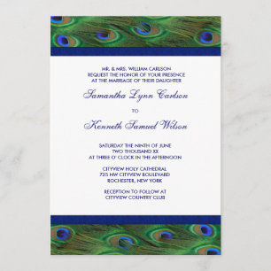 Emerald Green Royal Blue Peacock Feathers Wedding Invitation