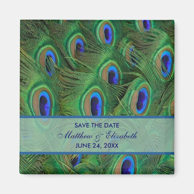 Emerald Green Royal Blue Peacock Feathers Wedding Magnet (Front)