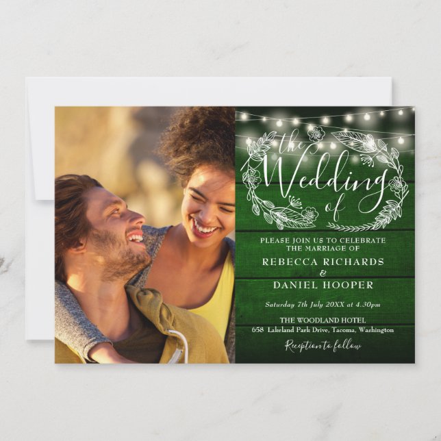 Emerald Green Rustic 2 Photo String Lights Wedding Invitation (Front)
