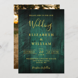 Emerald Green Rustic Boho Barn Wood Photo Wedding Invitation