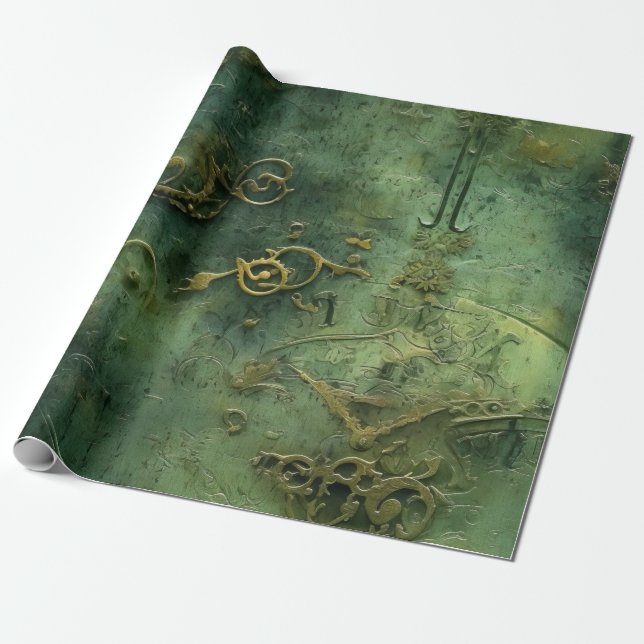 Emerald Green Rustic Steampunk Clock (10) Wrapping Paper (Unrolled)