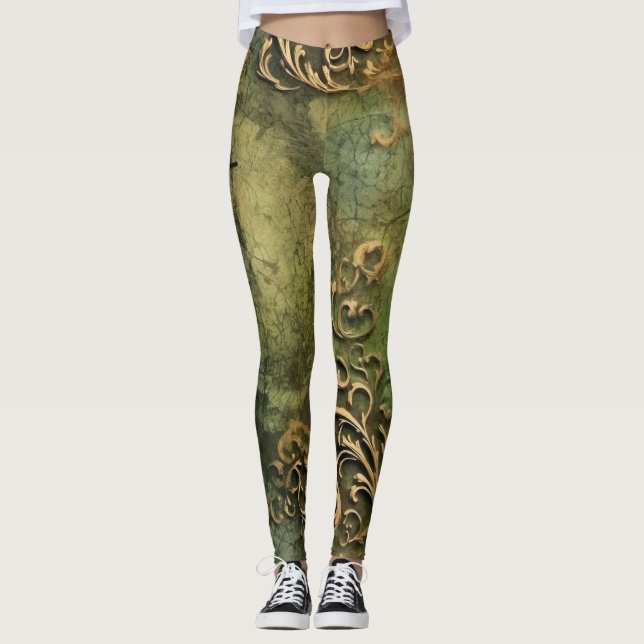 Emerald Green Rustic Steampunk Clock (11) Leggings (Front)