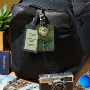 Emerald Green Rustic Steampunk Clock (2) Luggage Tag