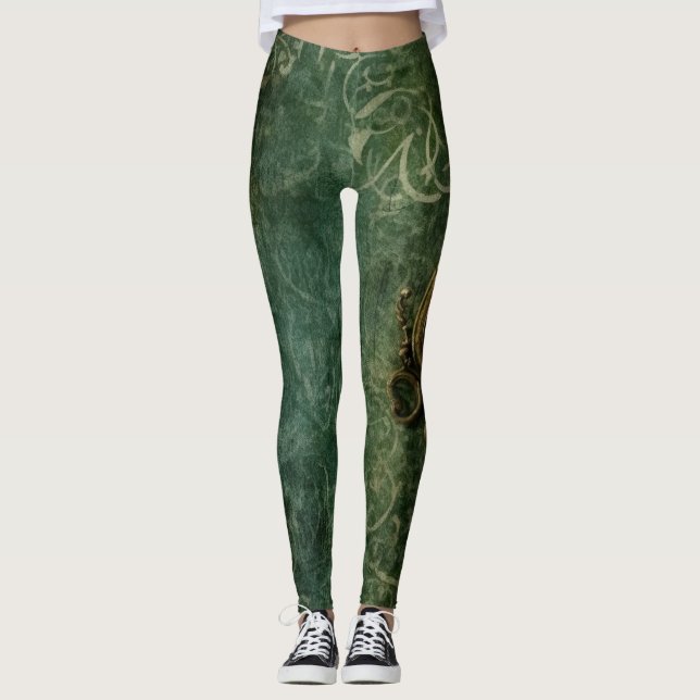 Emerald Green Rustic Steampunk Clock (3) Leggings (Front)
